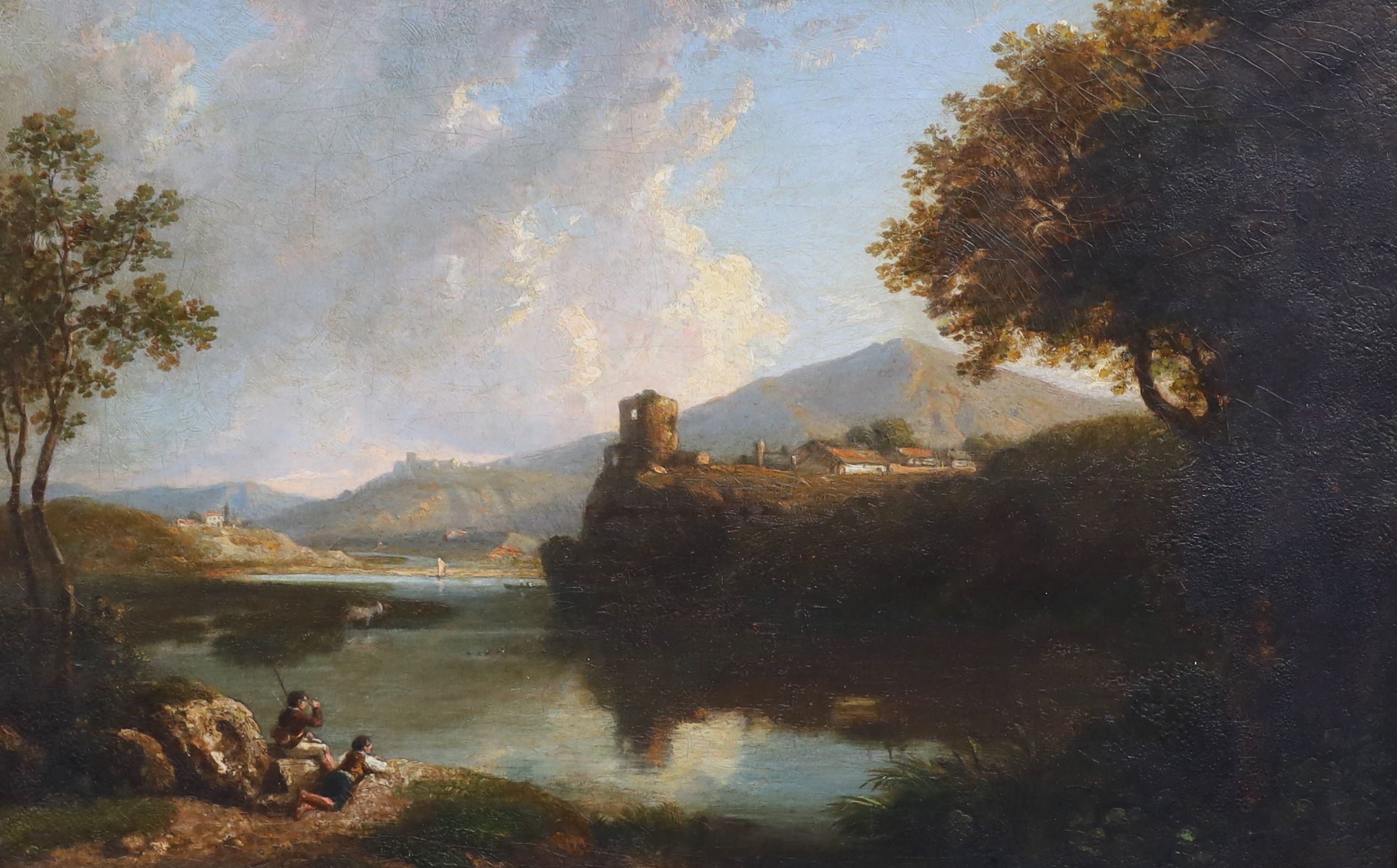 Circle of William Havell (1782-1857), Italianate river landscape with boys in the foreground, oil on canvas, 40 x 62cm